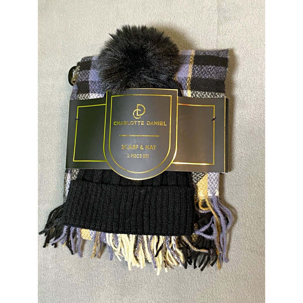 Charlotte Daniel Women's 2pc Plaid Scarf & Knit Beanie Faux Fur Pom, Black